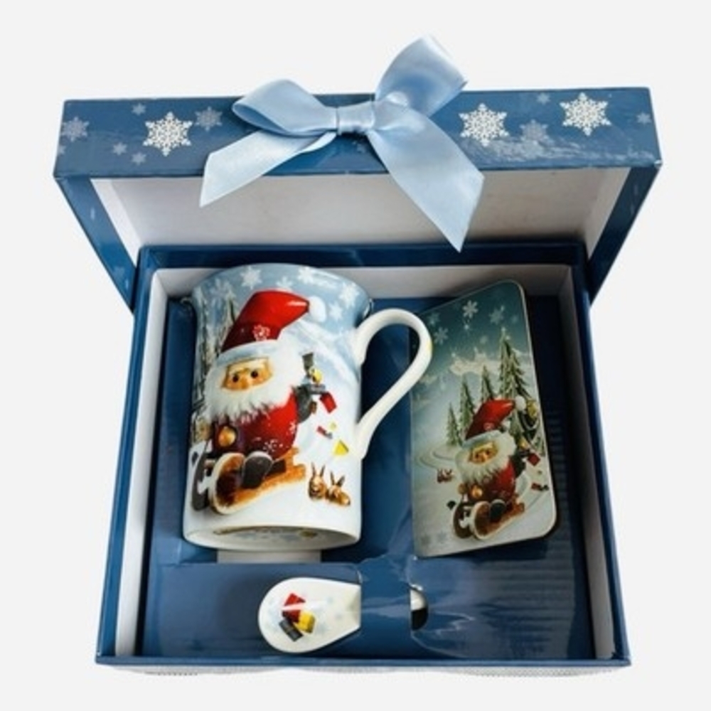 Kathe Wohlfahrt Santa Riding Sleigh Christmas Mug Set Spoon Coaster Vintage NIB
